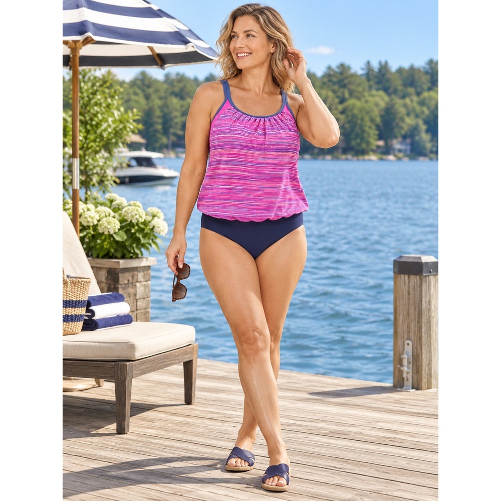Pink Purple Striped Blouson Tankini Top Shelf Bra Sporty Athleisure Resort Swim